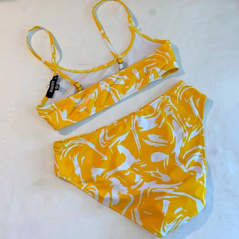 Missguided Yellow White Swirl Scoop Neck Adjustable Straps High Cut Bikini 3482